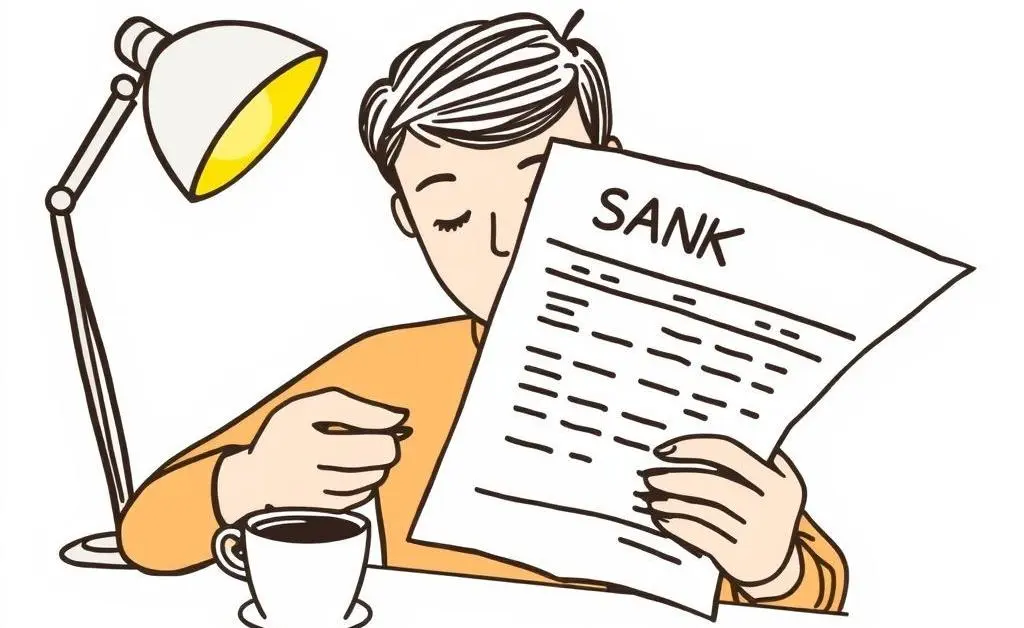A person reading a bank statement at a desk with a cup of coffee.