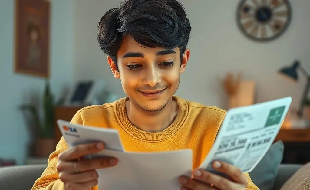 A friendly character examining credit card bills with a thoughtful expression.