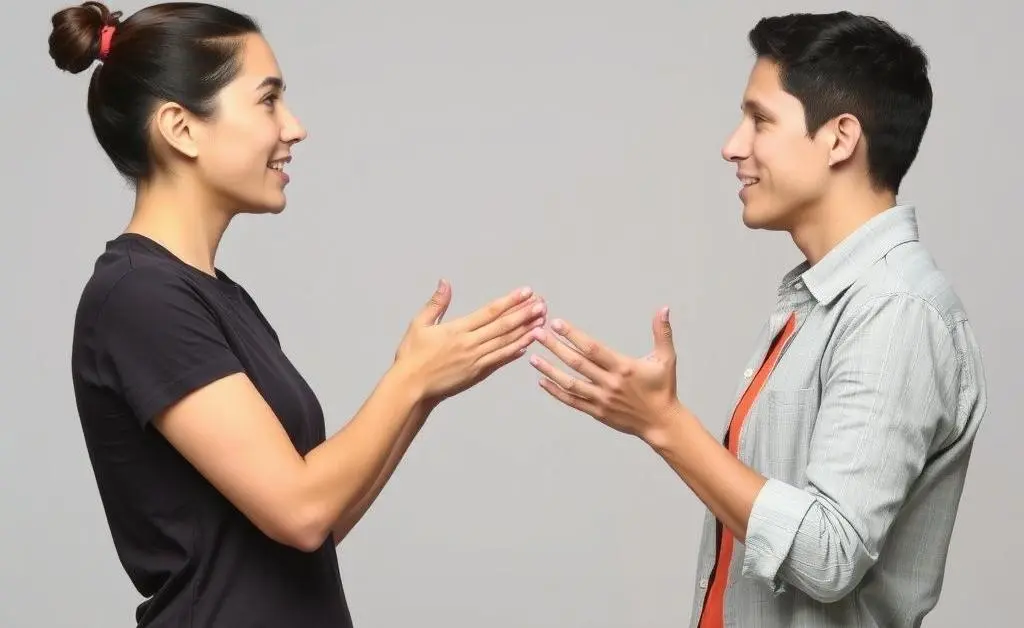 Two people communicating with expressive body language, illustrating active listening.