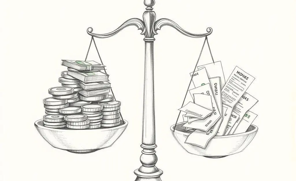 A balance scale with money on one side and expenses on the other