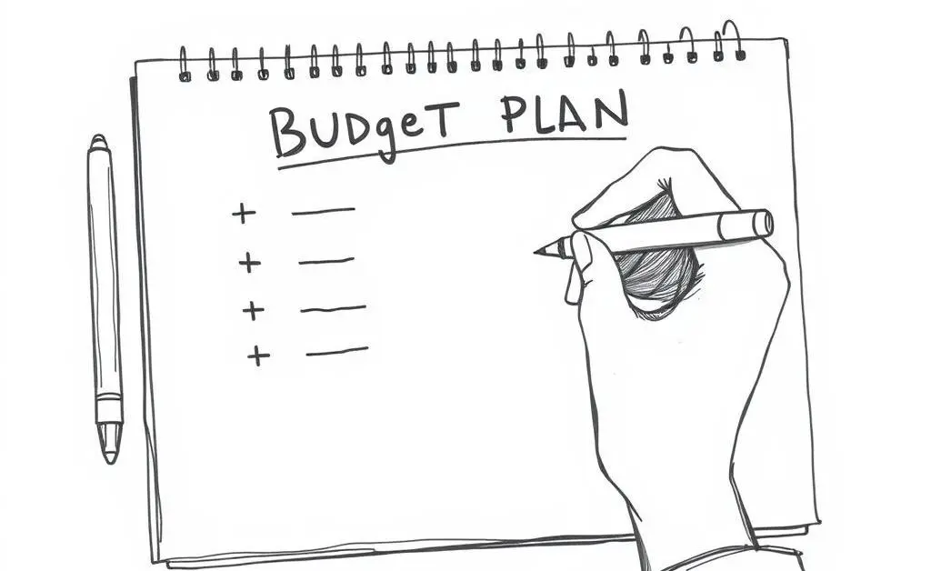 A person writing a budget plan on a notepad.