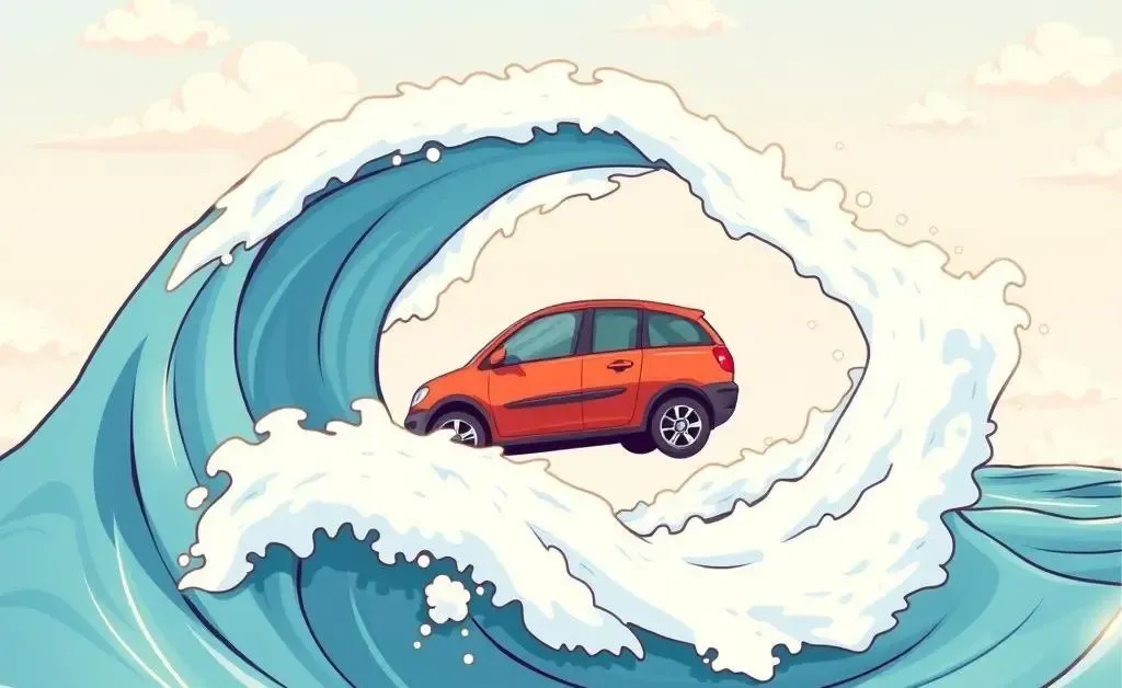 A whimsical drawing of a car on a wave, reflecting the ups and downs of car finances