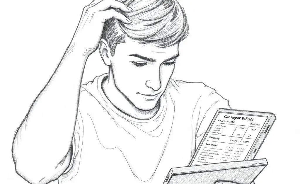 Person looking at a car repair estimate on their tablet with curiosity