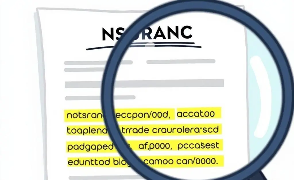 Illustration of a car insurance policy document with highlighted text and a magnifying glass.
