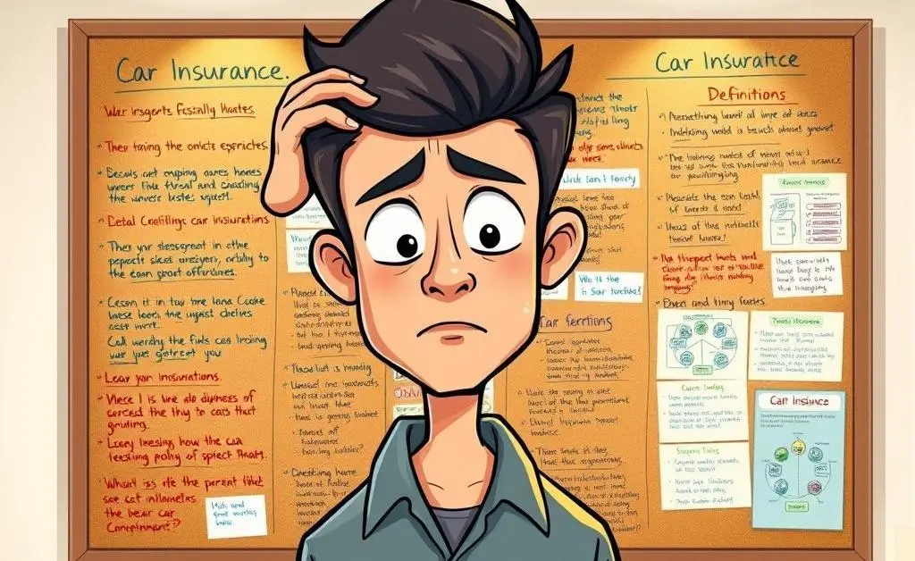 Illustration of a person scratching their head while looking at a board filled with car insurance terms and definitions.