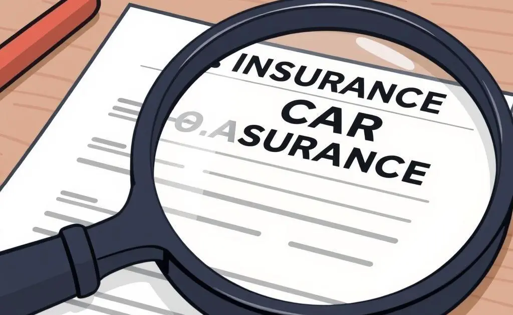 Illustration of a magnifying glass over a car insurance document on a table.