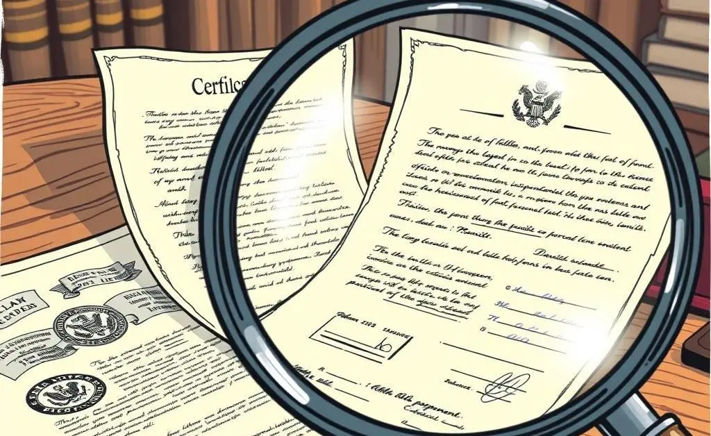Illustrated guide with a magnifying glass focusing on legal documents.