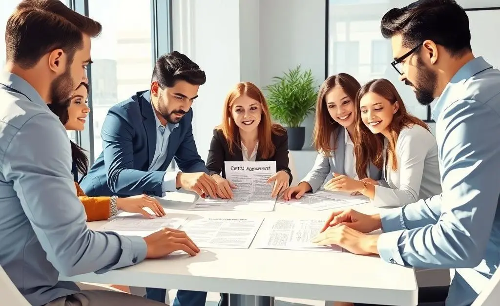 Illustration of people discussing around a table with condo agreement papers.