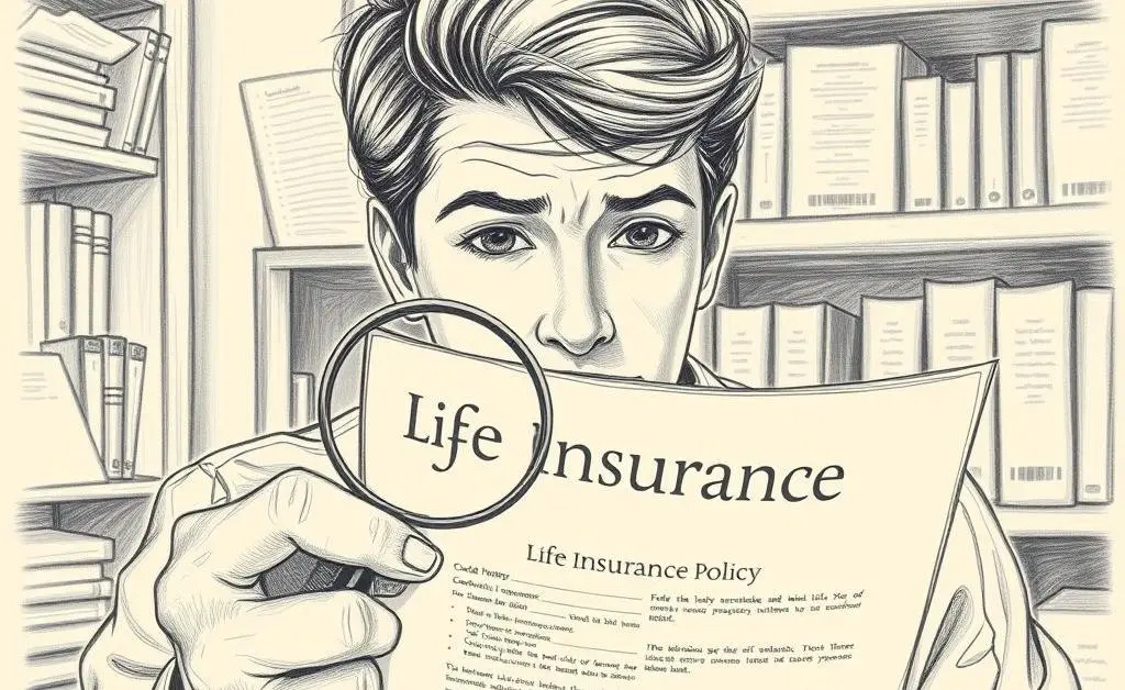 Hand-drawn image of a person with a magnifying glass examining a life insurance policy.