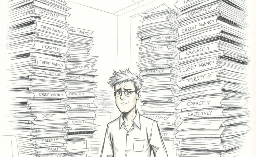 A person looking cautiously at stacks of papers labeled 'Credit Agency'.