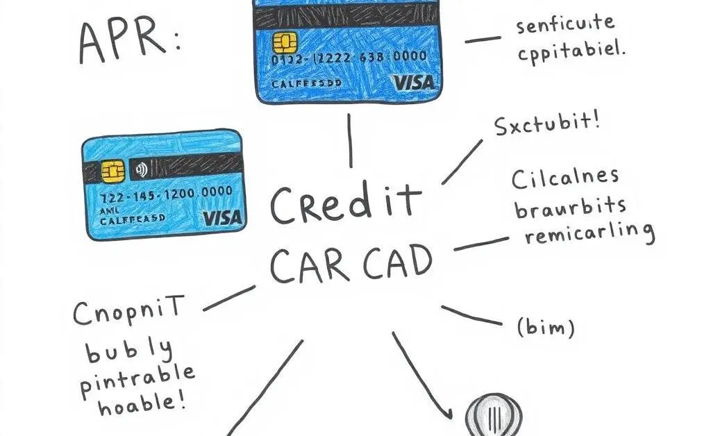 A hand-drawn illustration showing various credit card terms like APR, credit limit, and rewards
