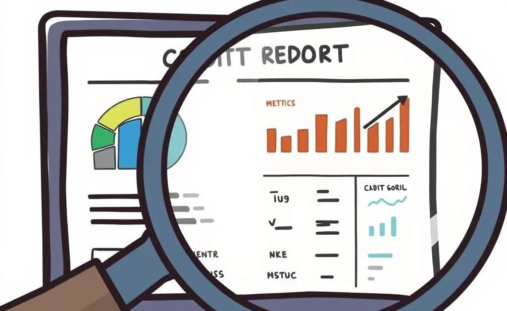 A magnifying glass over a detailed credit report chart.