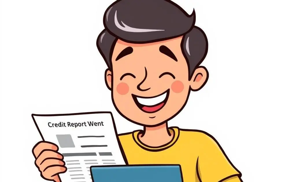Cartoon-style image of a person happily reviewing a credit report.