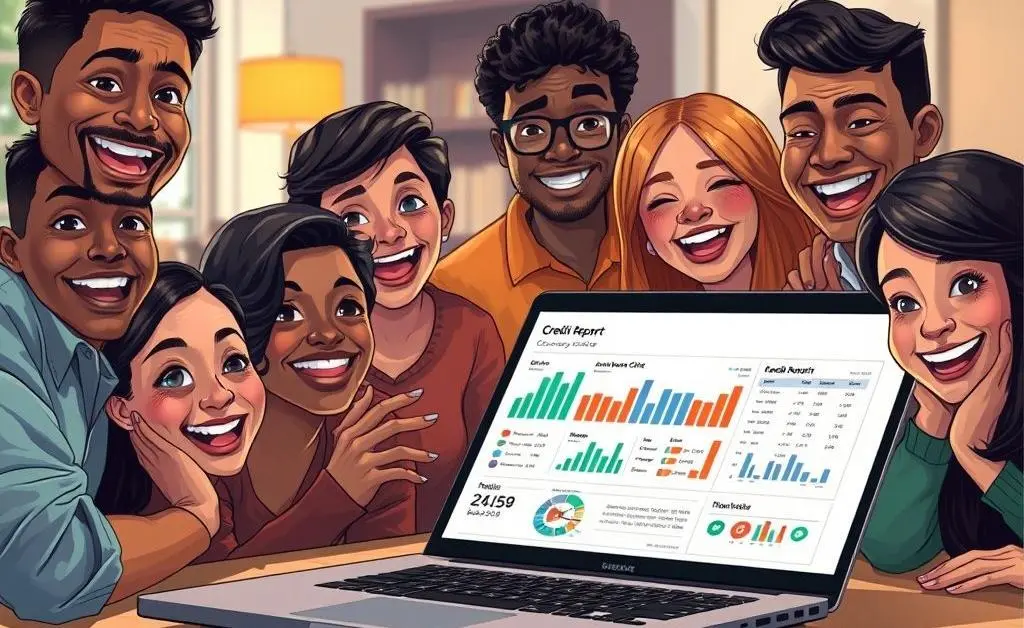 Illustration of a laptop showing a credit report with happy, curious faces nearby.