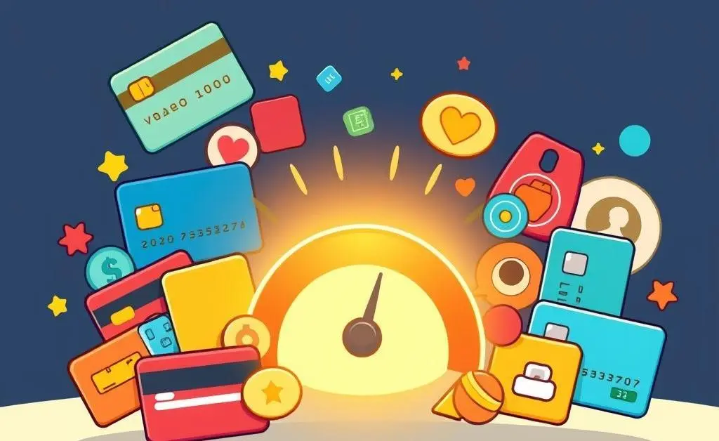 A cartoon-style image of various credit card symbols merging into a glowing credit score gauge.
