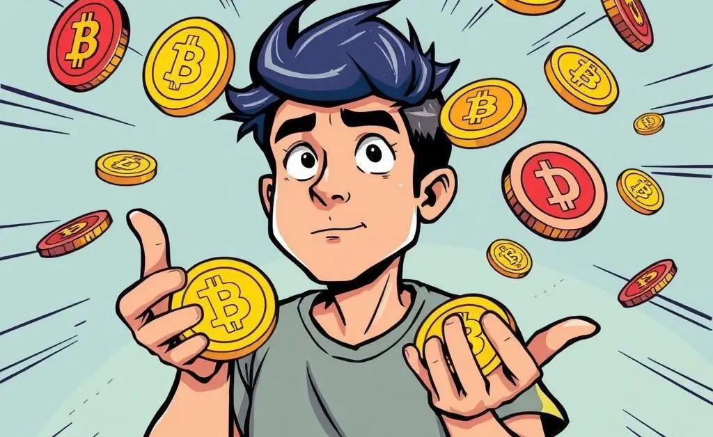 A person juggling crypto coins with a thoughtful expression