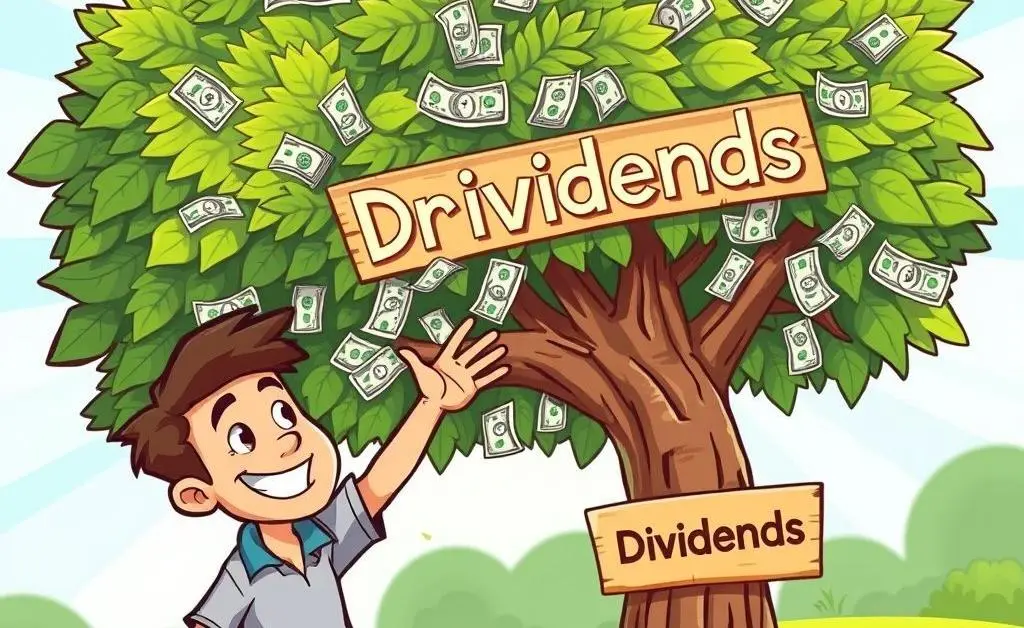 Cartoon of a person receiving cash from a tree labeled dividends