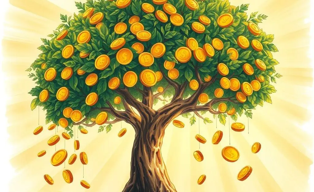 Illustration of a tree growing money with coins falling down representing dividends.