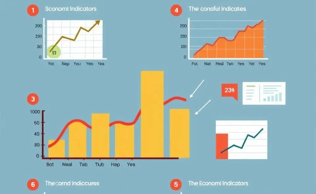 An illustration explaining economic indicators with graphs and charts