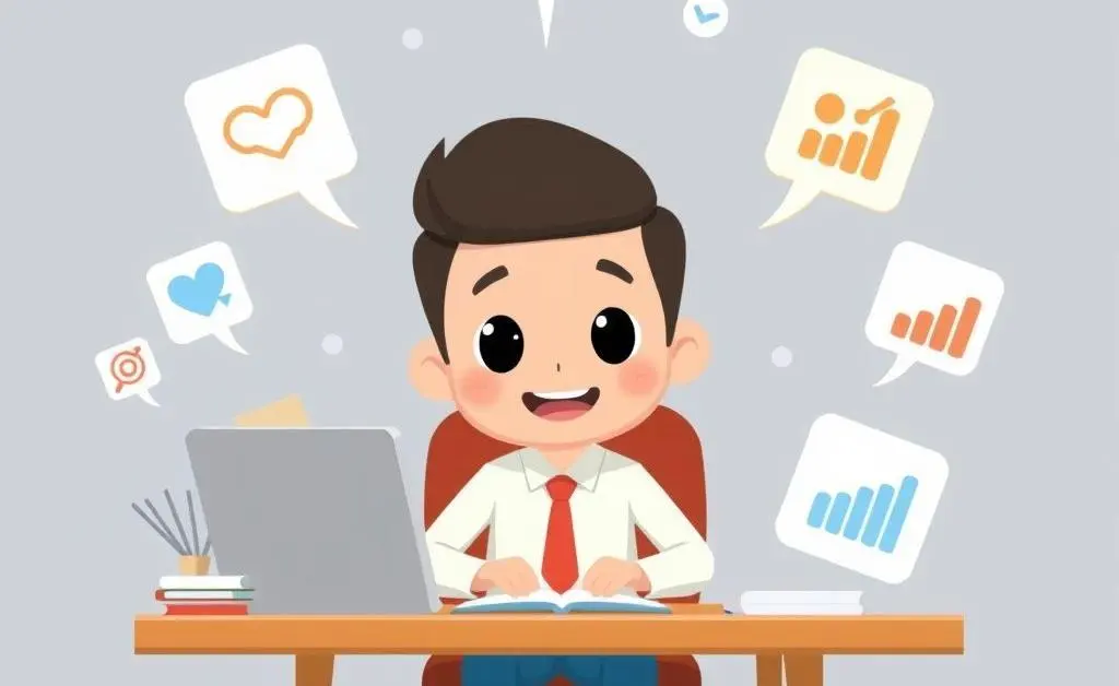 An animated character sitting at a desk, surrounded by floating icons of feedback and growth.