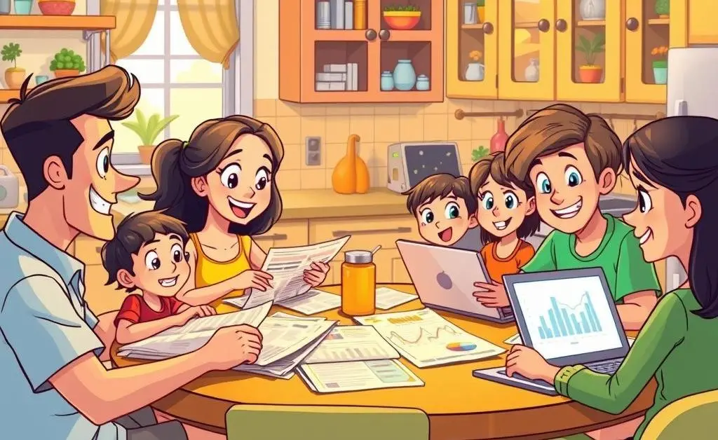 Family discussing finances at a kitchen table.
