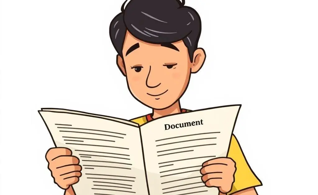 Cartoon-style image of a person reading a health insurance policy document.