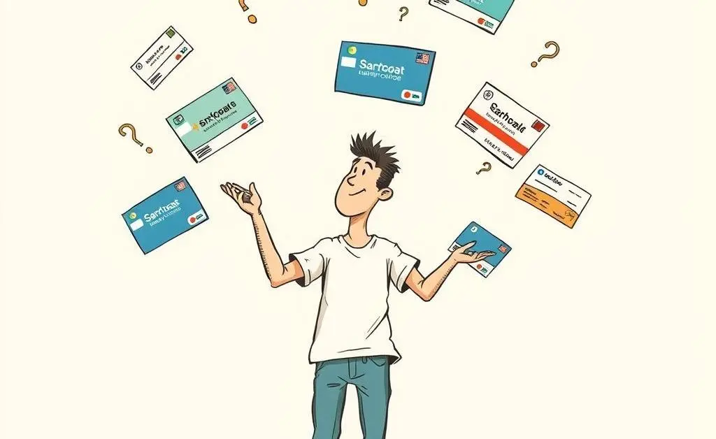 A person juggling different health insurance cards with question marks around them.