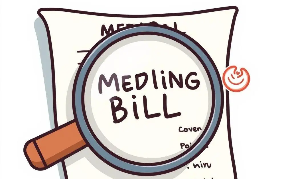 A cartoon-style image of a magnifying glass over a medical bill, with symbols of common billing terms.