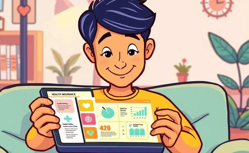 A cartoon style image of a person scrolling through a tablet showing a health insurance app.