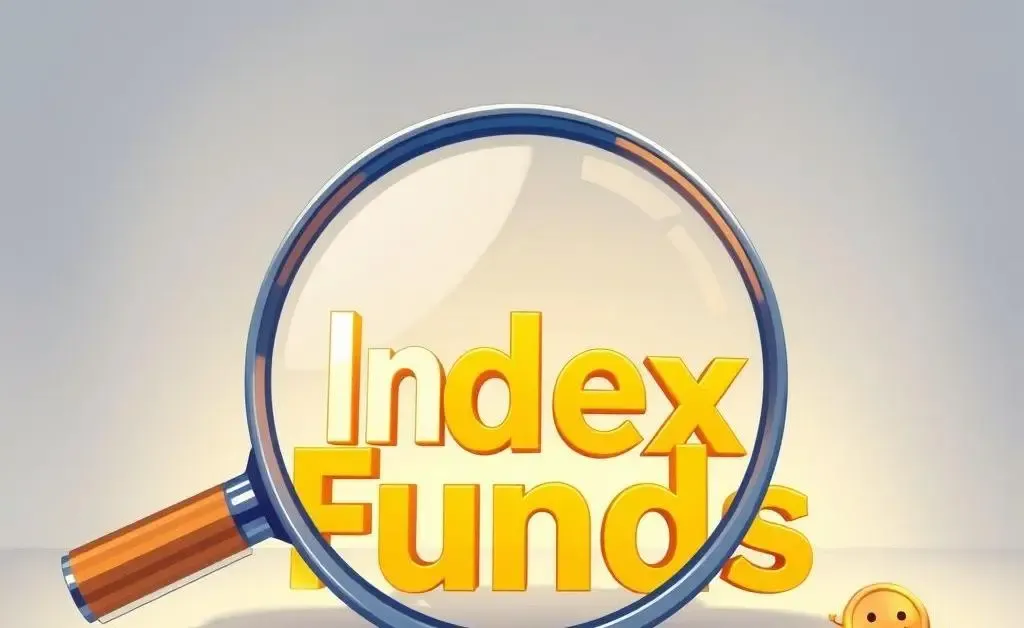 Illustration of a magnifying glass over the term 'Index Funds'