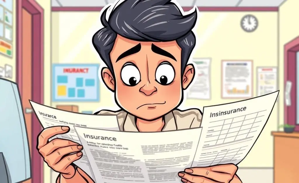 A cartoon-style image of a person studying insurance forms with a confused look