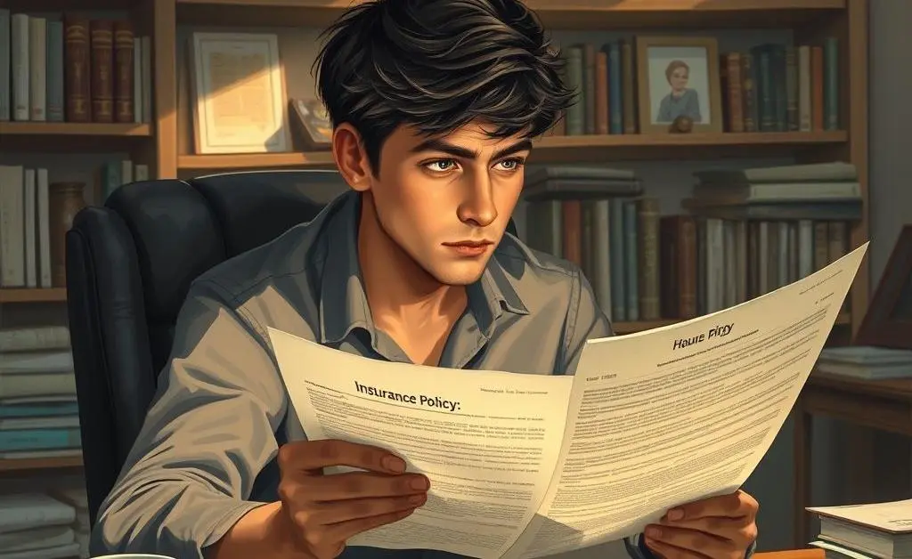 An illustration of a person reading and checking insurance documents at a desk.