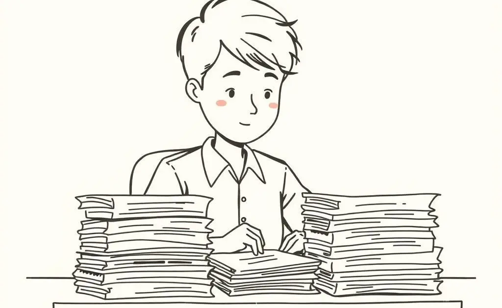 Illustration of a young person reviewing insurance paperwork