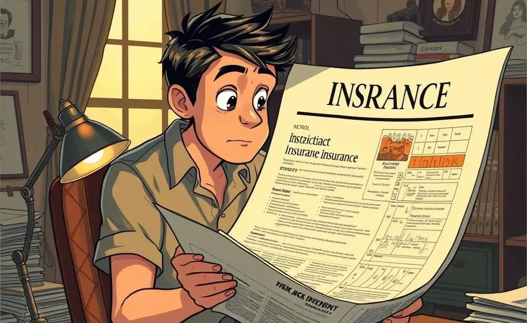 A person reading an oversized insurance policy with a curious expression.