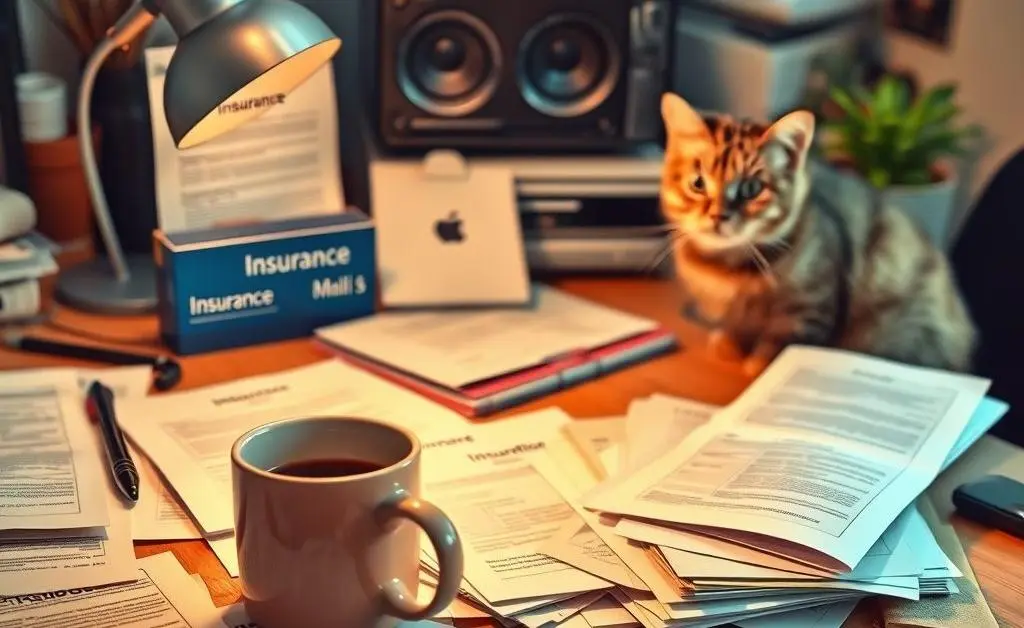 Desk with insurance papers, coffee cup, and curious cat