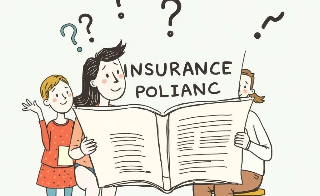A hand-drawn image showing people with puzzled expressions reading a giant insurance policy booklet.