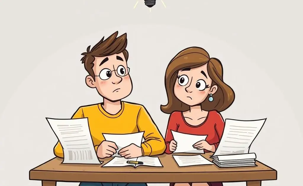 Couple surrounded by insurance documents, looking puzzled but determined.