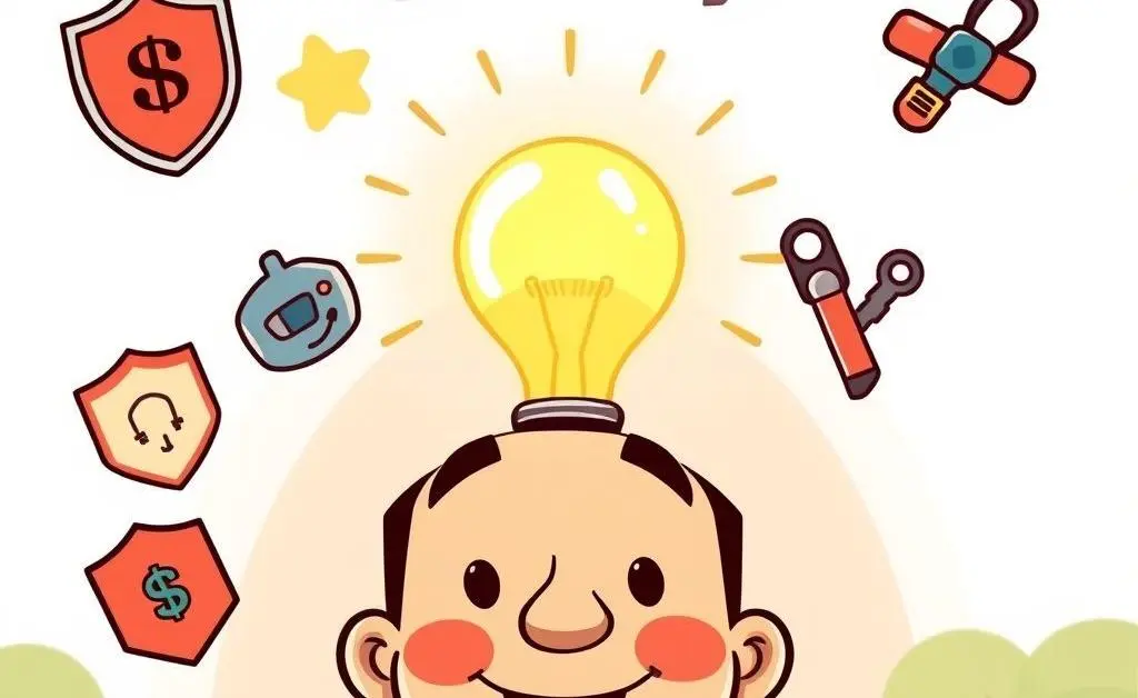 A cartoon-style image of a lightbulb above a person's head with car insurance symbols.