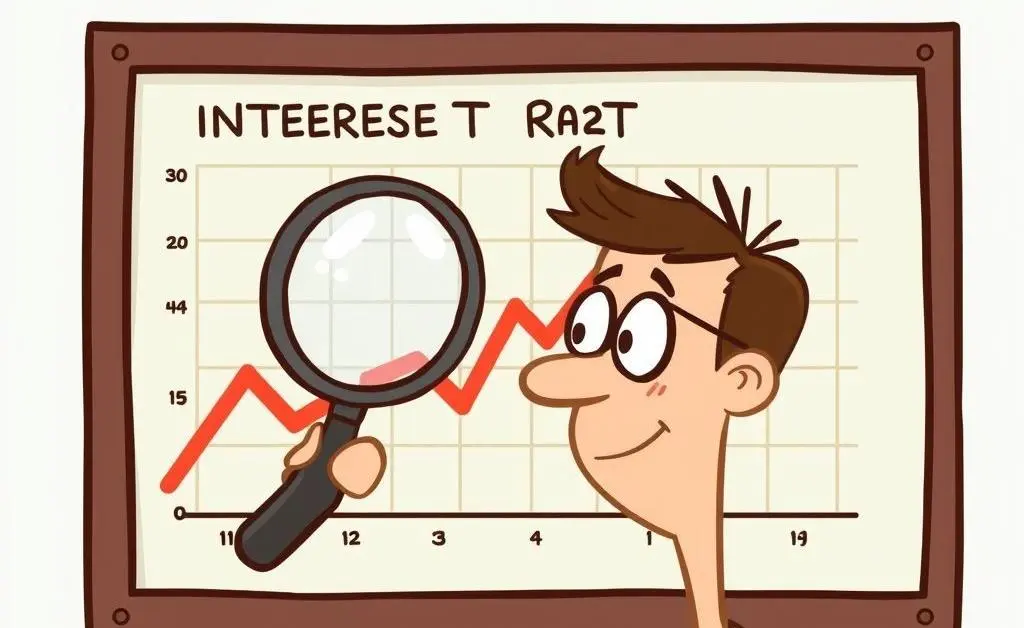Person with a magnifying glass examining interest rate trends on a board.