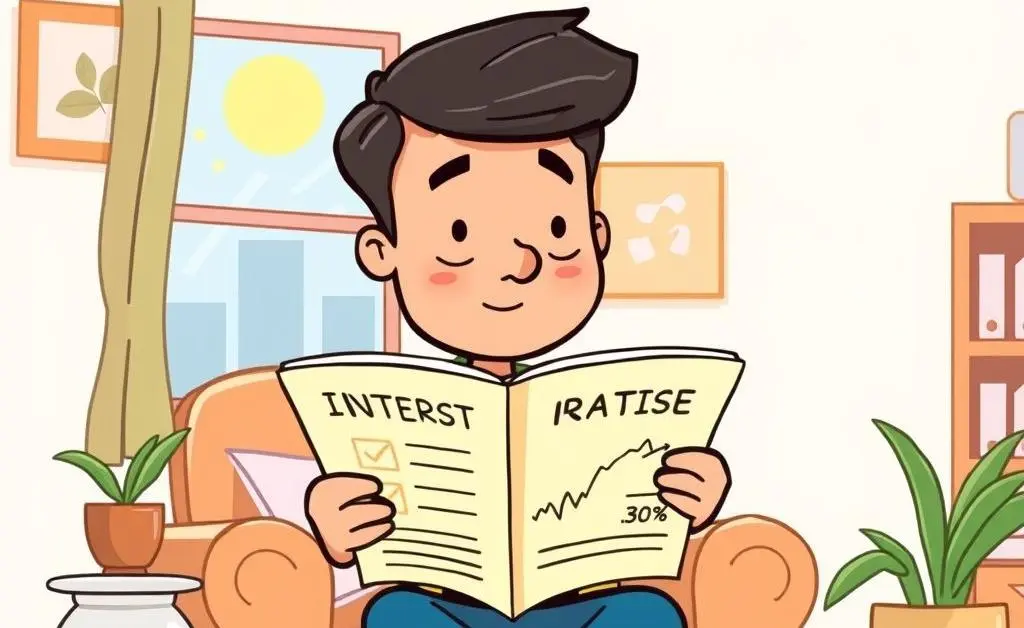Cartoon-style image of a person calmly reading about interest rates in a sunny room.