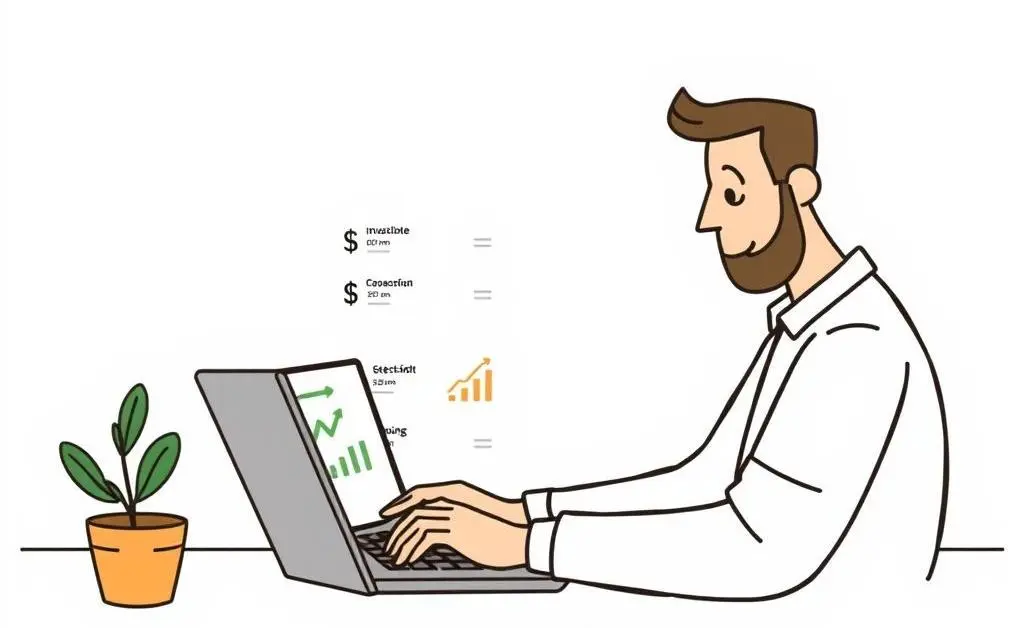 A person examining various investment options on their laptop, with a small plant and coffee mug nearby.