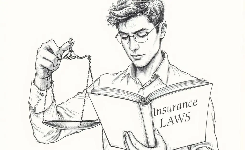 A person balancing scales while reading a book titled 'Insurance Laws'
