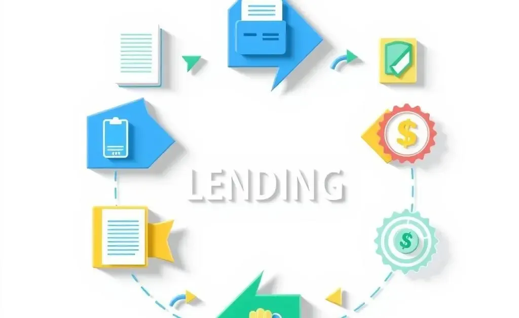 Illustration of the lending process with arrows and icons representing steps.