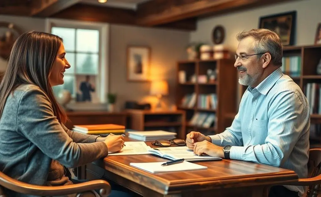 A friendly insurance agent explaining policy options to a client at a rustic wooden desk with documents spread out.