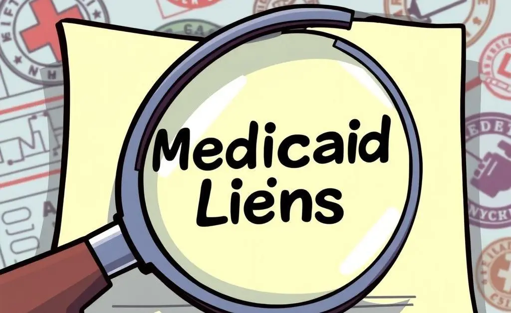 A cartoon-style image of a magnifying glass highlighting 'Medicaid Liens' on a document.