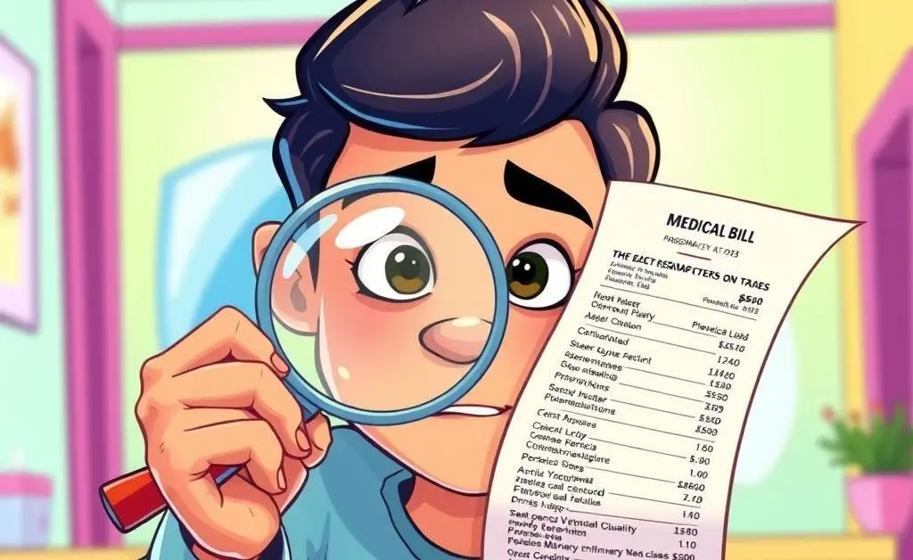 A person closely examining a medical bill with a magnifying glass