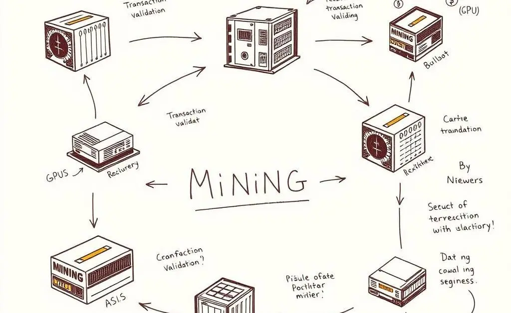 A hand-drawn diagram showing the step-by-step cryptocurrency mining process
