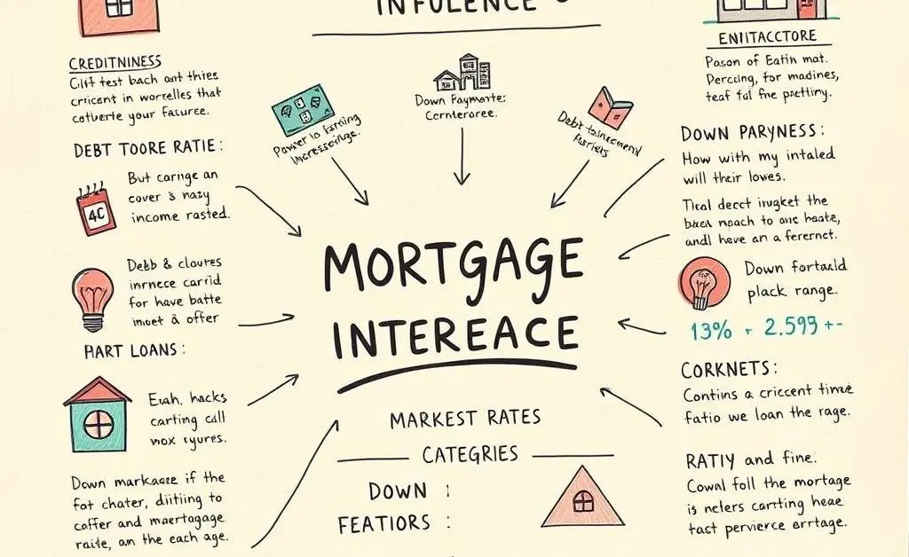 A hand-drawn infographic showing various factors affecting mortgage rates, such as credit score and loan type.