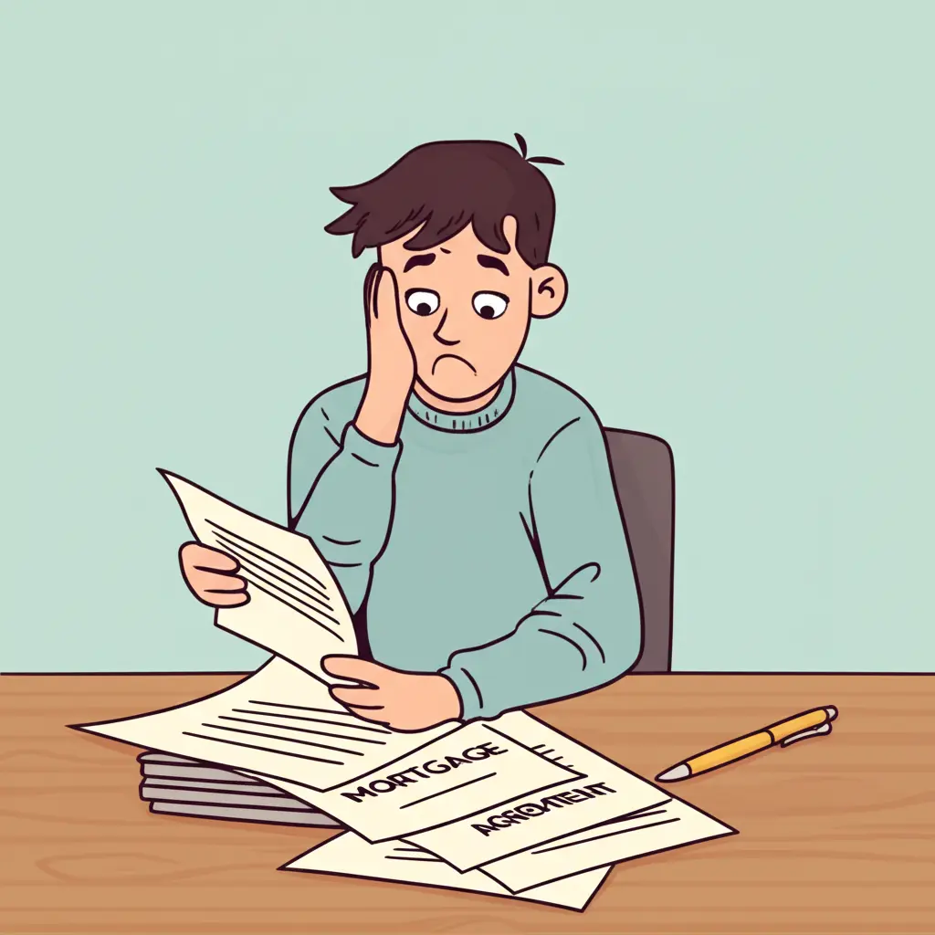 A cartoon-style image of a person reading mortgage documents on a table