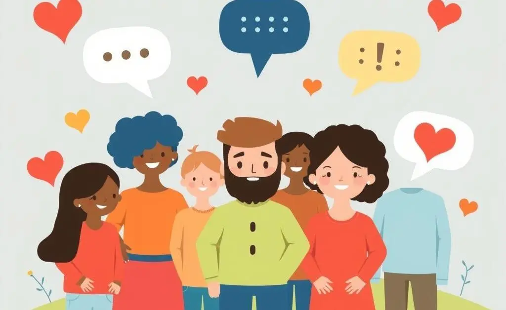 Illustration of diverse neighbors with speech bubbles and symbols of understanding